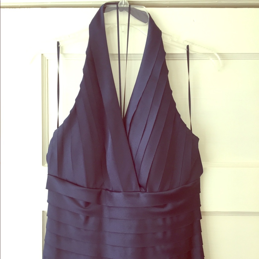 JS Collections Navy Satin Floor length gown